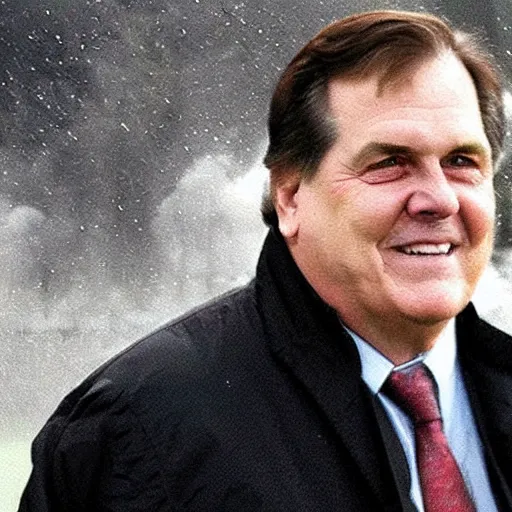 Prompt: a photo of a house burning down in the background and coach belichick with an eerie smile in the foreground, strong depth of field