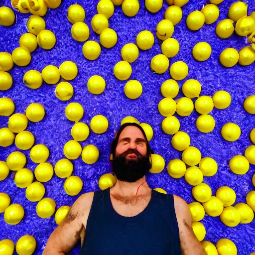 Prompt: a man with a beard in only one side looking at the camera, under a ball pool of yellow and white balls.