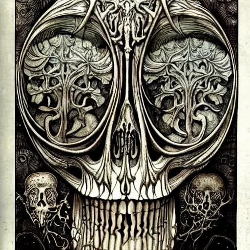 Prompt: memento mori by arthur rackham, art forms of nature by ernst haeckel, exquisitely detailed, art nouveau, gothic, ornately carved beautiful skull dominant, intricately carved antique bone, art nouveau botanicals, ornamental bone carvings, art forms of nature by ernst haeckel, horizontal symmetry, arthur rackham, ernst haeckel