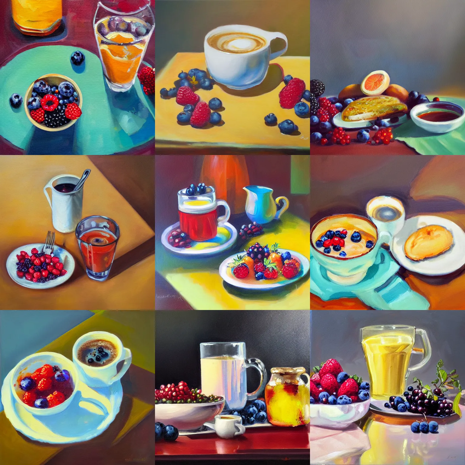Prompt: oil painting of breakfast with berries and coffee, glassware, thick strokes, vibrant, colorful, reflections, subsurface scattering, sharp edges