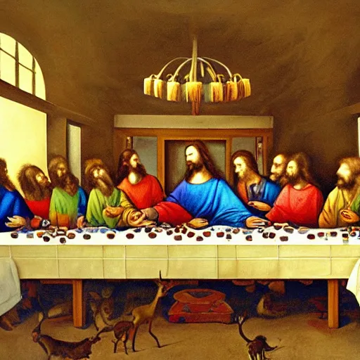 Prompt: A beautiful painting of the Last Supper, with Jesus and his disciples replaced by various animals. The painting is set in a forest, with a deer at the head of the table and a squirrel and rabbit to either side. clockpunk, crayon art by Hiroshi Yoshida, by Iryna Yermolova, by Catherine Hyde 3d render