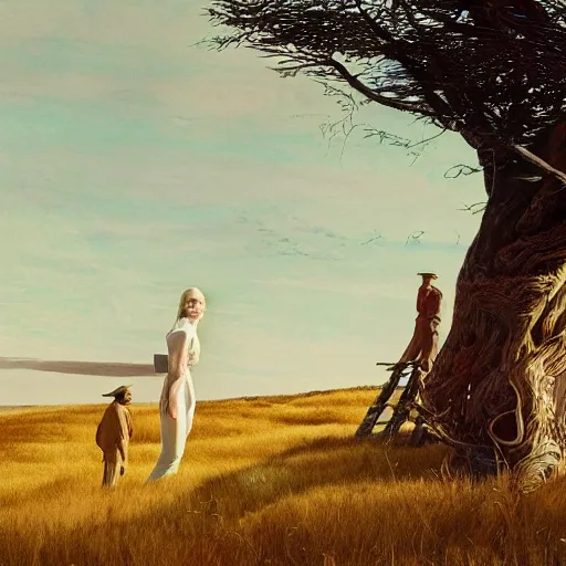 Image similar to Elle Fanning in the painted world of Westworld, head and shoulders masterpiece, apocalypse, golden hour, cosmic horror, artstation, in the style of Andrew Wyeth and Edward Hopper and Bosch, extremely detailed