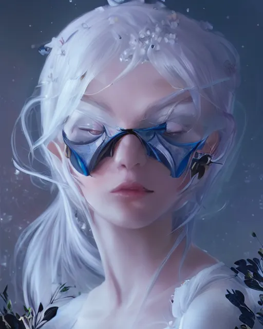 Image similar to girl with white hair and black skirt, flower decorations, dreamy, beautiful illustration, scifi, atmosphere, top lighting, blue eyes, perfect composition, smooth, artstation, highly detailed, art by yuhong ding and chengwei pan