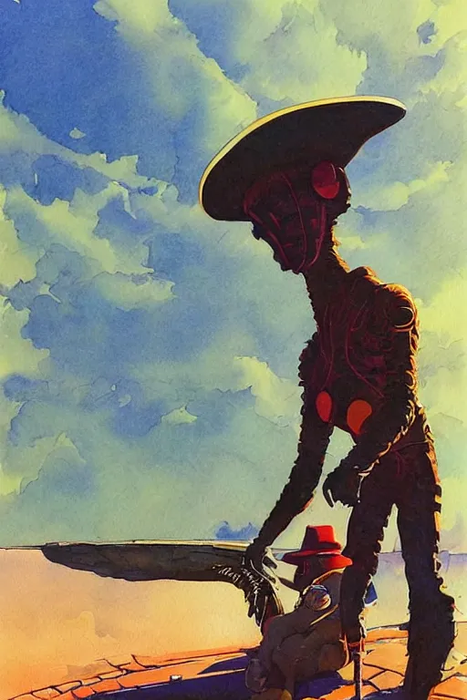 Image similar to scifi cowboy sitting on giant emu bird with backpack, science fiction, art by jean giraud, moebius, juan gimenez, greg manchess, in watercolor gouache detailed paintings, in style of syd mead, colorful comics style, artstation