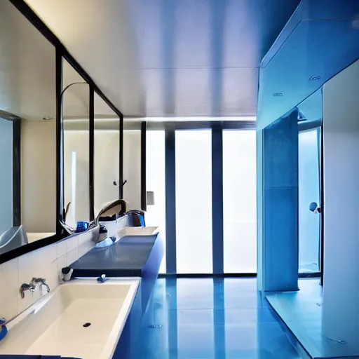 Image similar to big futuristic blue bathroom inside a spaceship startrek interior style. with a swimming pool