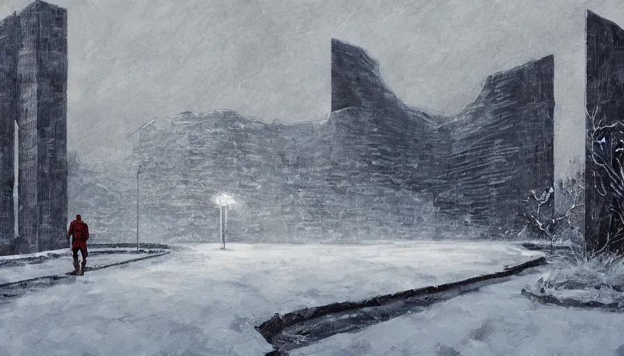 Prompt: a beautiful painting in the style of cedric peyravernay of a snowy landscape with daniel craig as james bond as he overlooks a menacing brutalist facility, award winning