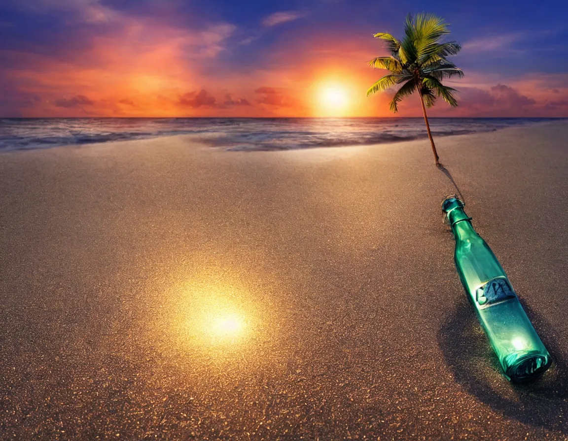 Prompt: 3 d rendering of message in the bottle washed ashore, beach island with one exotic palm tree, sunset lighting