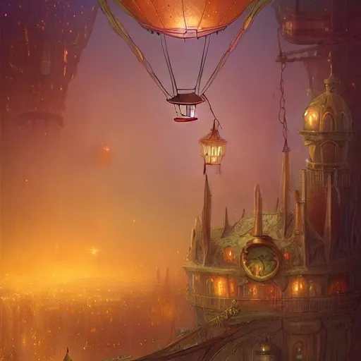 Image similar to a beautiful stunning fantasy whimsical matte digital illustration of a scene of a steampunk hot - air balloon over a lit steampunk!! city at night by marc simonetti, pastel color palette, disney magic the gathering steampunk!!!, chiaroscuro magical! bokeh moon stars dramatic romantic! epic breathtaking, clock tower,, trending on artstation hq, masterpiece