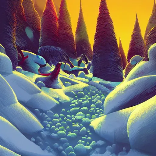 Prompt: curved perspective digital art of a mountain path with snow and beautiful trees by anton fadeev from nightmare before christmas