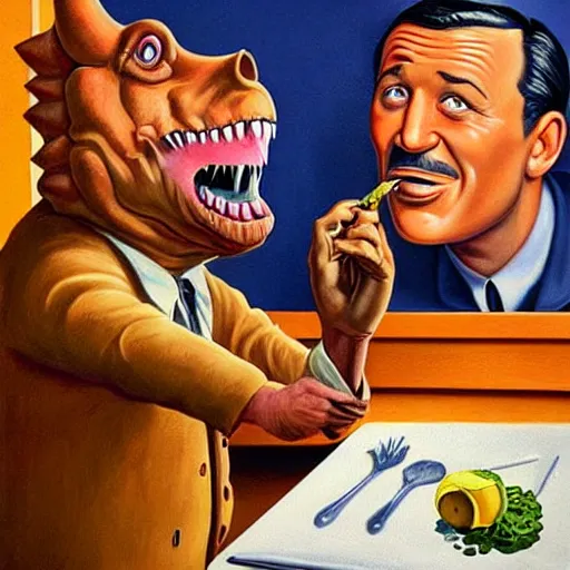 Image similar to beautiful lifelike painting of gene kelly demanding a refund on overcooked dinosaur steak in downtown dive bar bistro, hyperreal detailed facial features and uv lighting, art by ed roth and basil wolverton