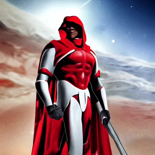 Image similar to portrait of a tall muscular infantry man in glossy sleek white armor with tiny red details and a long red cape, heroic posture, determined expression, on the surface of mars, night time, dramatic lighting, cinematic, sci-fi, hyperrealistic, movie still