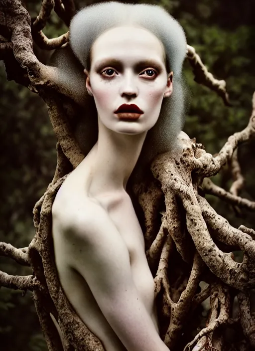 Prompt: cinestill 5 0 d photo portrait of a beautiful hybrid woman in style of tim walker by roberto ferri, bark body intricate detailed, hair is intricate gnarled branches, 5 0 mm lens, f 1. 4, sharp focus, ethereal, emotionally evoking, head in focus, volumetric lighting, blur dreamy outdoor