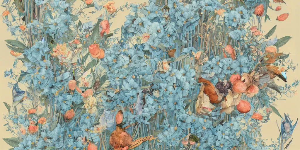 Prompt: breathtaking detailed concept art painting of goddesses of light blue flowers with anxious piercing eyes and vintage illustration pattern background blend of flowers and fruits and birds, by hsiao - ron cheng and beto val and john james audubon, bizarre compositions, exquisite detail, extremely moody lighting, 8 k