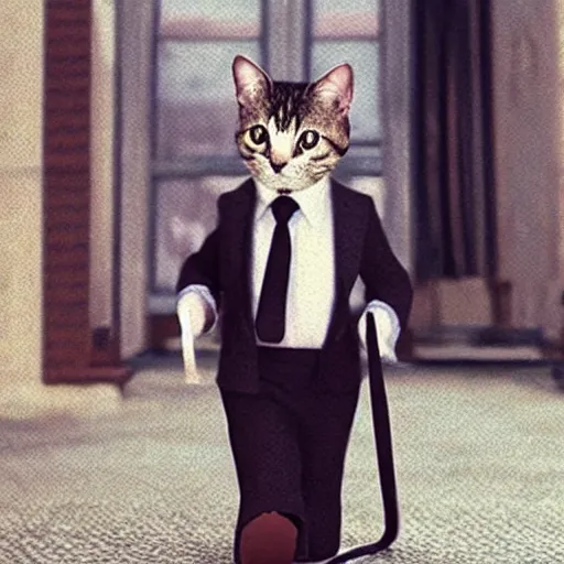 Prompt: a cat is wearing a suit, cinematic film still