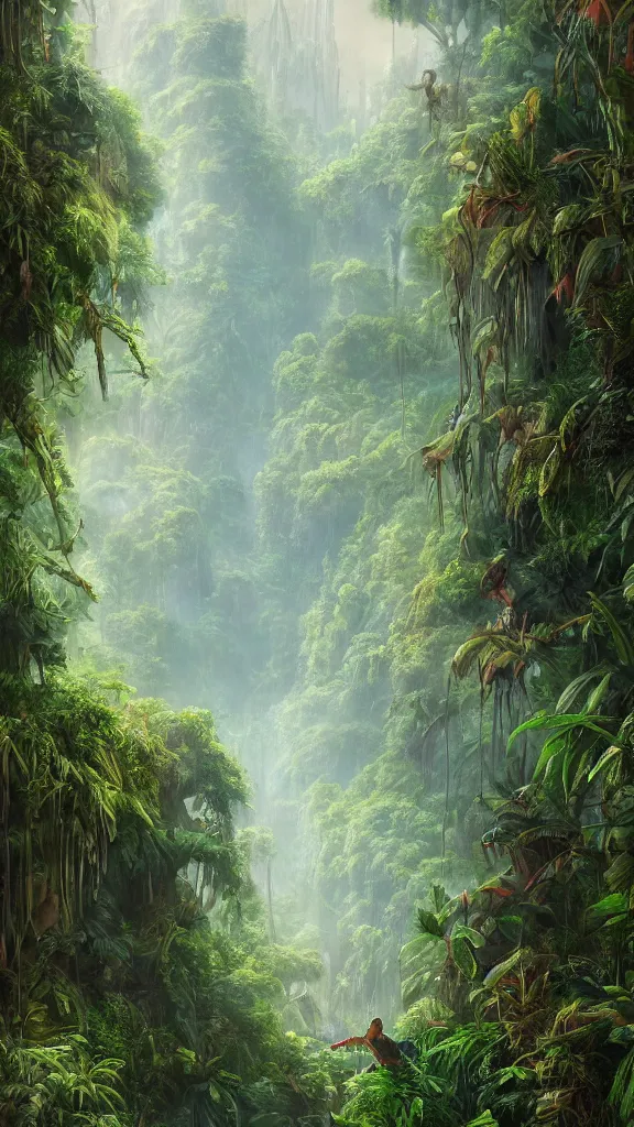 Image similar to Trending on artstation, beautiful jungle, detailed matte painting, oil on canvas