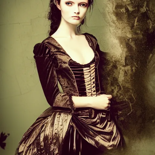 Prompt: shot from a distance, rococo, manga, tonal, young lady, thin, dark hair, wearing isabel murant