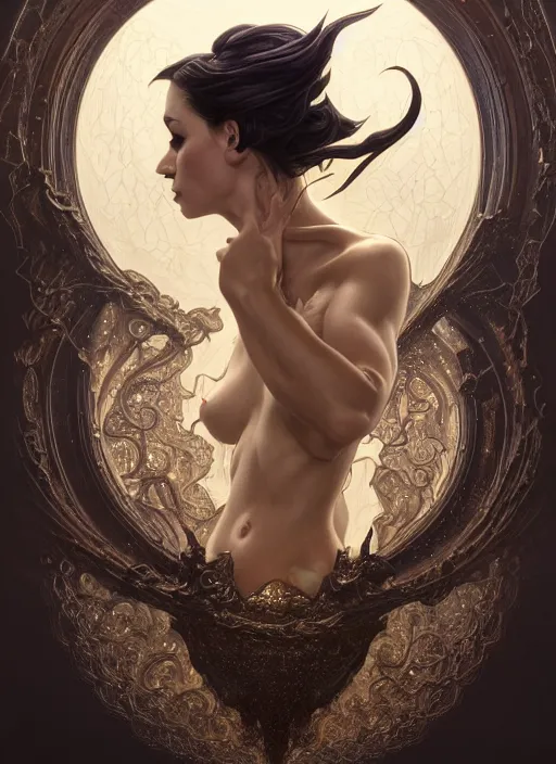 Image similar to a full body perspective of a stout preistess of the elemental darkness, crooked nose, wet, fantasy, shiny, intricate, elegant, highly detailed, ultra definition, digital painting, artstation, vray, concept art, smooth, high speed photography, illustration, art by artgerm and greg rutkowski and alphonse mucha and james jean