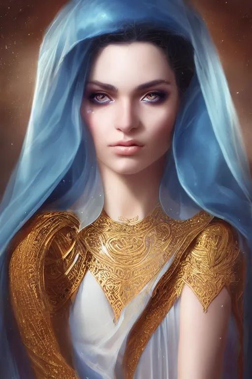 Prompt: A beautiful gorgeous female Arabian character portrait with wavy hair, blue eyes, transparent veil, cinematic lighting, hyper-detailed, cgsociety, 8k, high resolution, in the style of Charlie Bowater, Tom Bagshaw, Alexis Franklin, Elena Masci, Pawel Rebisz