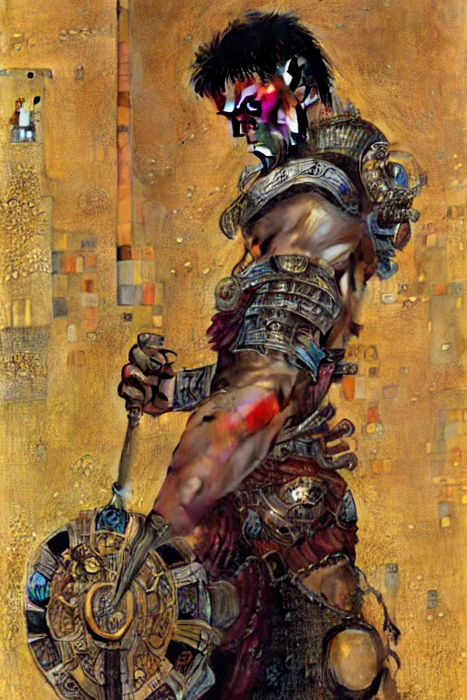 Image similar to Gladiator, muscular, detailed face, correct face, cyberpunk chinese ancient castle, fantasy, painting by Gustav Klimt, greg rutkowski and alphonse mucha