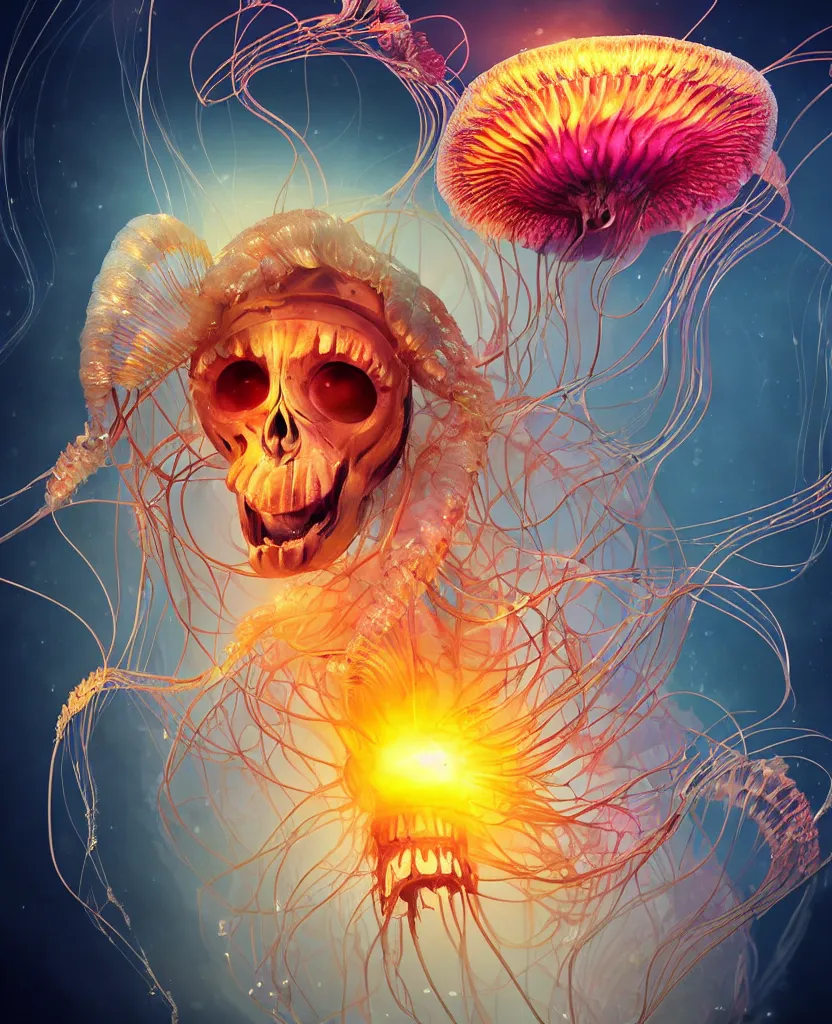 Image similar to close-up portrait of the face of a beautiful princess in a twisted flowers jellyfish mask in a spaceman suit surrounded by energy flow, epic angle and pose, symmetrical artwork, 3d with depth of field, blurred background, floating jellyfish skull phoenix bird, translucent, nautilus, energy flows of water and fire. a highly detailed epic cinematic concept art CG render. made in Maya, Blender and Photoshop, octane render, excellent composition, cinematic dystopian brutalist atmosphere, dynamic dramatic cinematic lighting, aesthetic, very inspirational, arthouse. y Greg Rutkowski, Ilya Kuvshinov, WLOP, Stanley Artgerm Lau, Ruan Jia and Fenghua Zhong