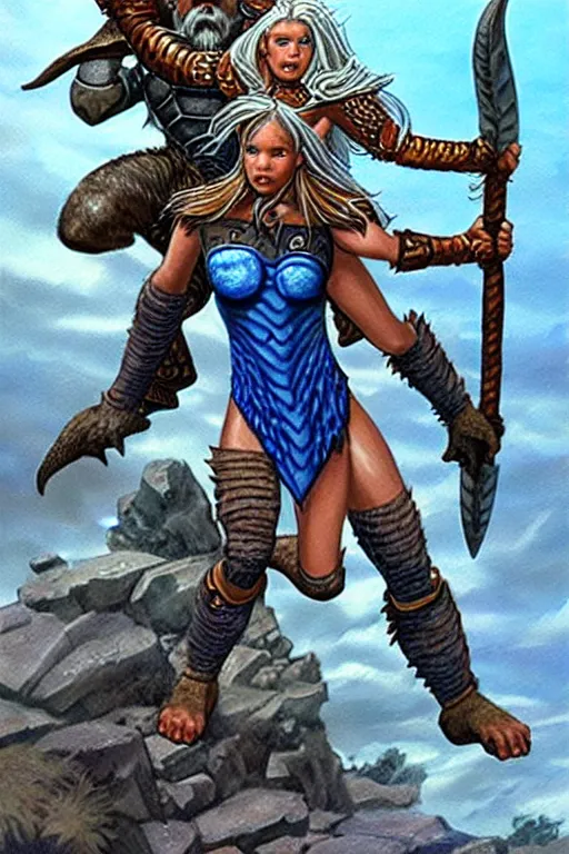 Image similar to a small blue-skinned triton girl wearing scale armor riding on a the shoulders of a large male goliath wearing fur and leather armor, dnd concept art, painting by Larry Elmore