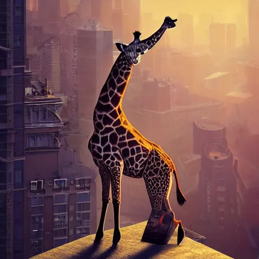 Prompt: a full body painting of a [ giraffe standing on rooftop ] [ no person ], intricate, epic lighting, cinematic composition, hyper realistic, 8 k resolution, unreal engine 5, by artgerm, tooth wu, dan mumford, beeple, wlop, rossdraws, james jean, andrei riabovitchev, marc simonetti, artstation