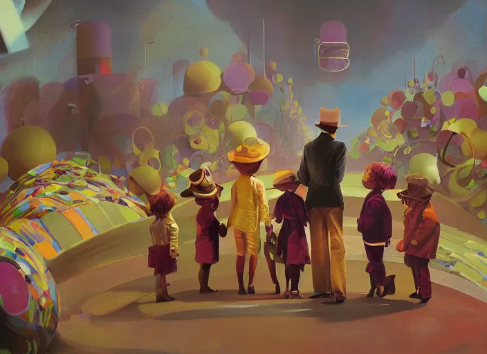 Image similar to film still of Willy Wonka's and the Chocolate Factory 1971 artwork painting made by Sergey Kolesov