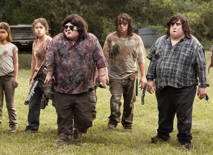 Prompt: film still of andy milonakis in the new walking dead tv series, 4 k