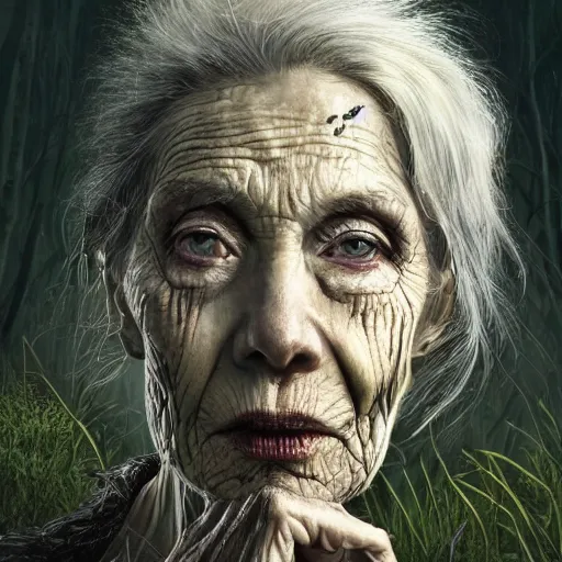 Prompt: fantasy portrait of an emaciated yet energetic old woman with silky, cloudy grey hair, black scars on her face, swamp vegetation in the background, nocturnal palette, art by greg rutowski, raphael lacoste, eddie mendoza