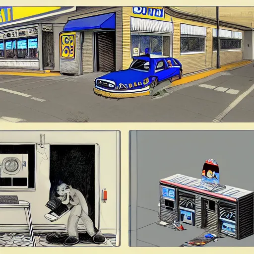 Prompt: Security camera footage of bootleg Sonic robbing a convenience store, painting by Grant Wood, 3D rendering by Beeple, sketch by R. Crumb