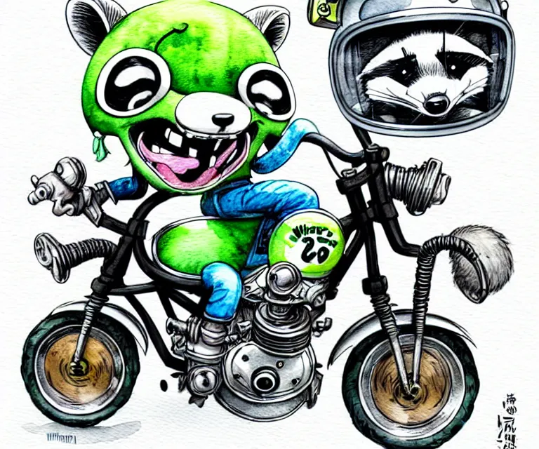 Prompt: cute and funny, racoon wearing a helmet riding on a tiny sport motorcycle with oversized engine, ratfink style by ed roth, centered award winning watercolor pen illustration, isometric illustration by chihiro iwasaki, edited by range murata