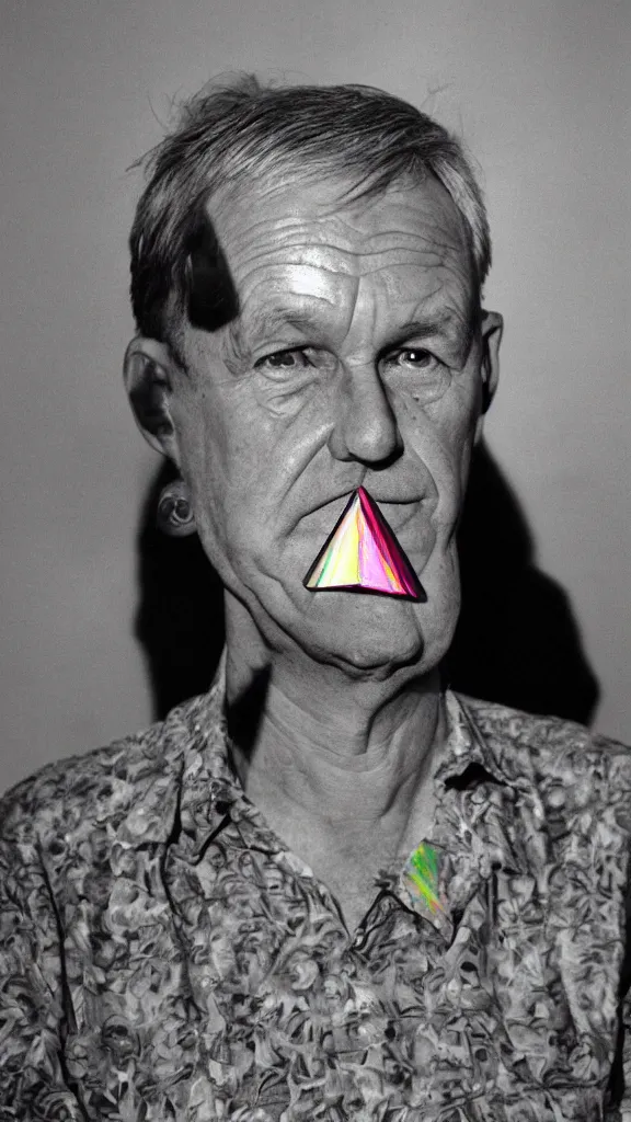 Image similar to a martin parr photo of a prism in front of man's face