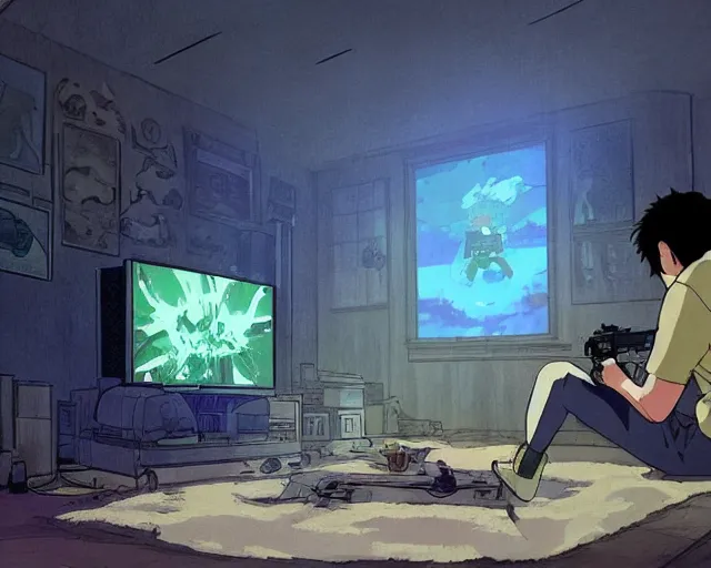 Image similar to beautiful art by studio ghibli of my friend mark kidd playing fallout new vegas on the xbox 3 6 0 in his dark living room. he is illuminated by the glow of the tv. cinematic composition, anime.