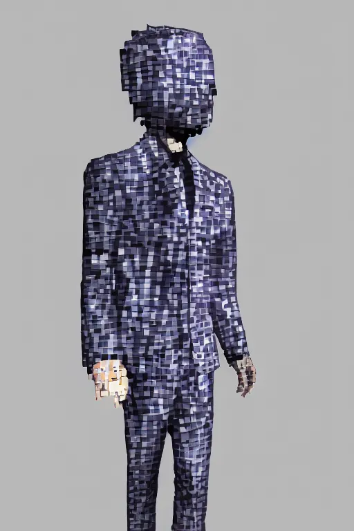 Image similar to man made of glitch art wearing a suit, game character, portrait, realism