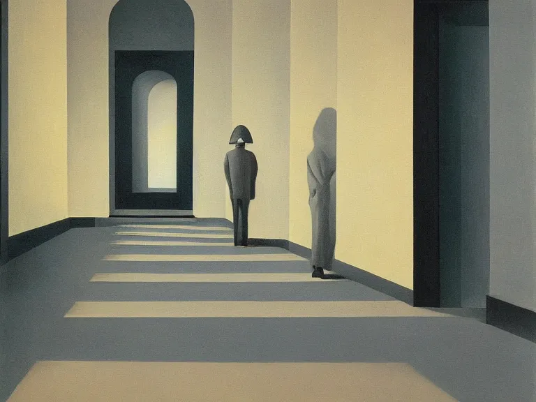 Image similar to infinite endless hallway painting by rene magritte, high detail, high resolution