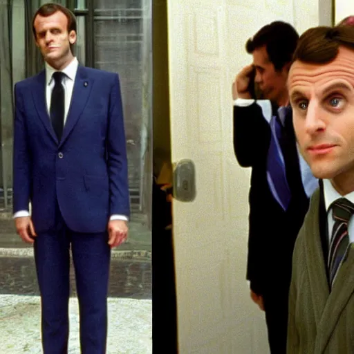 Image similar to Emmanuel Macron, colorful suits in American Psycho (1999)