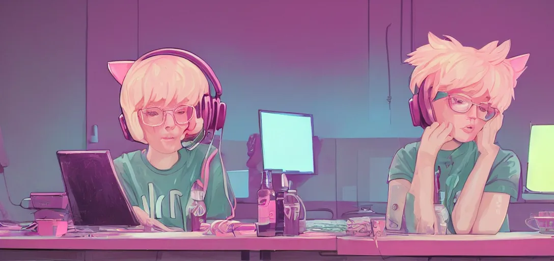 Image similar to a blond woman, pink cat-ear-headphones, sitting in front of computer, gamer, computer nerd, cute room, neon lights, gamer aesthetic, lofi vibes, strong crisp lineart and flat color, by ilya kuvshinov, krenz cushart, Greg Rutkowski, trending on artstation