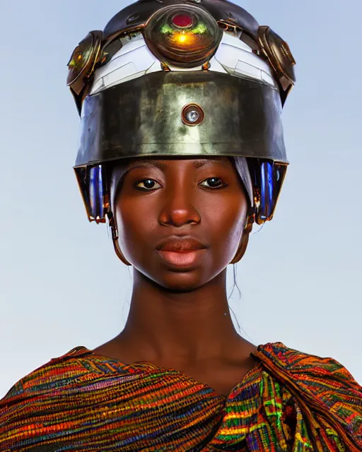 Prompt: centered medium shot fine studio photograph of a young woman wearing only a solarpunk mecha Maasai helmet with bright lights, ultra-realistic, white background, 8k HDR sunset lit, intricate