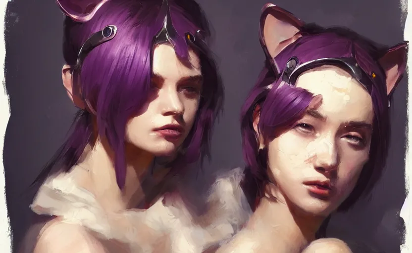 Image similar to a painting of swervy trending on artstation in the style of greg rutkowski, beautiful, sensual, natural skin, woman with cat ears, purple - eyes