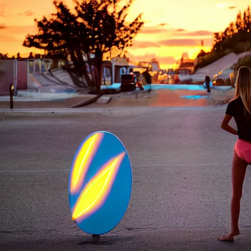 Image similar to a woman facing a oval blue energy portal on the street, which shows a beach at sunset