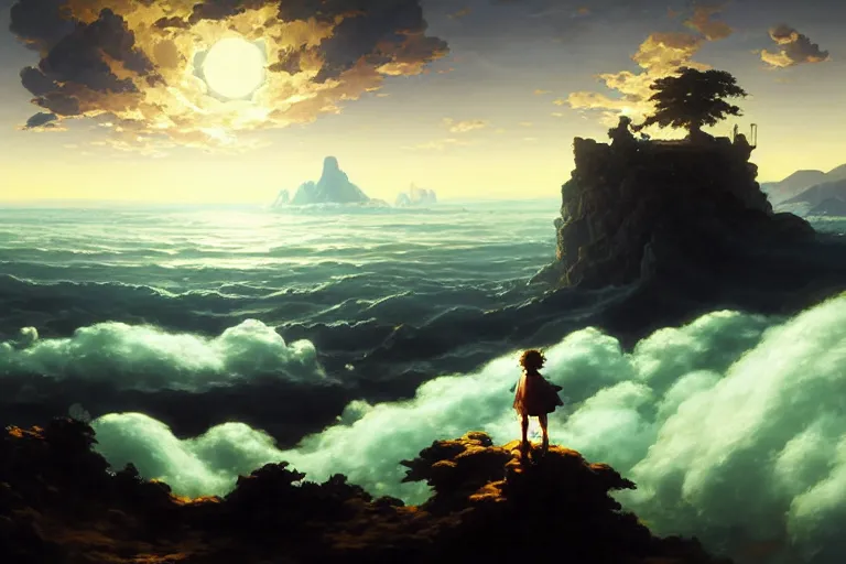 Image similar to baroque oil painting anime key visual concept art of wanderer above the sea of fog 1 8 1 8 with anime maid, brutalist, dark fantasy, rule of thirds golden ratio, fake detail, trending pixiv fanbox, acrylic palette knife, style of makoto shinkai studio ghibli genshin impact jamie wyeth james gilleard greg rutkowski chiho aoshima