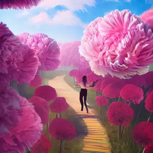 Prompt: a giant carnation flower head, a woman running between luxury apartments, surreal photography, sunlight, impressionist painting, digital painting, artstation, simon stalenhag