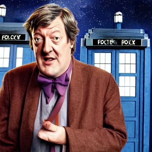 Prompt: stephen fry as doctor who, bbc promotional artwork, mid range shot