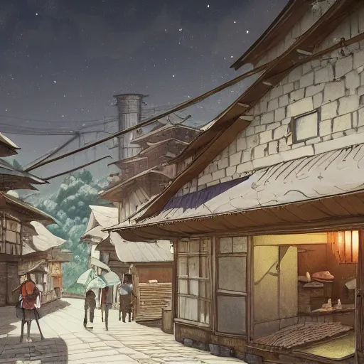 Image similar to concept art painting of an english european bakery building with japanese architecture, in a mountain village, cozy, realistic, detailed, cel shaded, in the style of makoto shinkai and greg rutkowski and james gurney