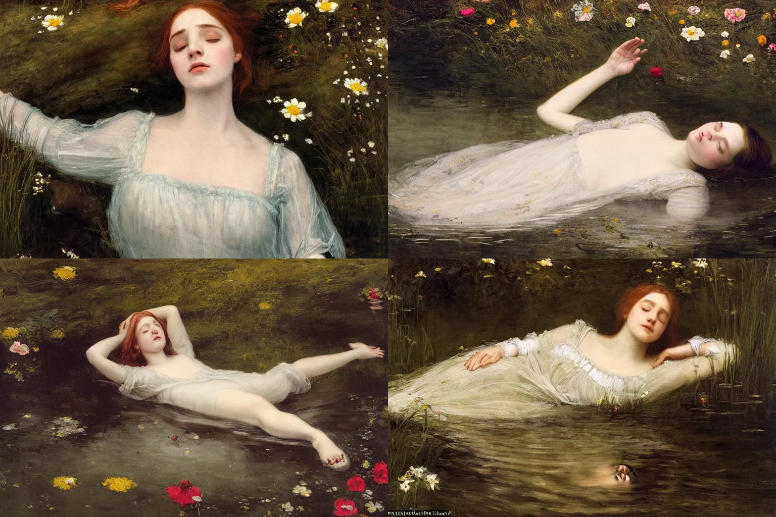 Prompt: a beautiful portrait of a young ophelia, floating drowned, lying immersed in the dark waters of a river, with closed eyes, surrounded by high green grass and many fine flowers, wearing a nicely crafted antique dress, by sir john everett millais, hyperrealistic, hyperdetailed, ethereal, sad, masterpiece, oil painting, above side view