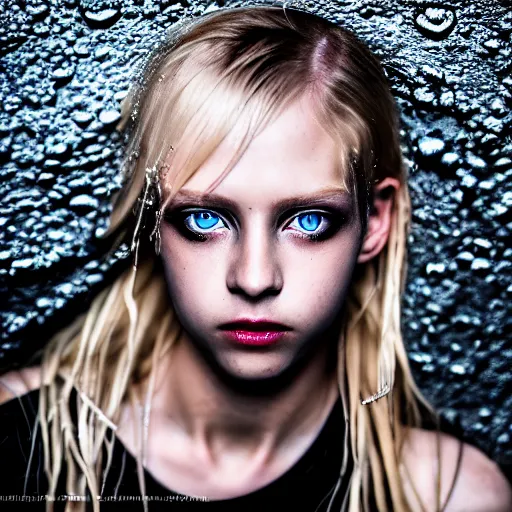 Image similar to A gorgeous blonde, grungy, unkept hair, glowing eyes, modelsociety, wet from rain, radiant skin, huge anime eyes, bright on black, dramatic, studio lighting, perfect face, intricate, Sony a7R IV, symmetric balance, polarizing filter, Photolab, Lightroom, 4K, Dolby Vision, Photography Award