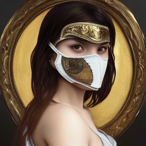 Image similar to 1 5 year old white girl with a white shirt that has one shoulder visible, wears black sports shorts and a golden mask on her face, intricate, highly detailed, digital painting, artstation, concept art, smooth, sharp focus, illustration, unreal engine 5, 8 k, art by artgerm and greg rutkowski and alphonse mucha