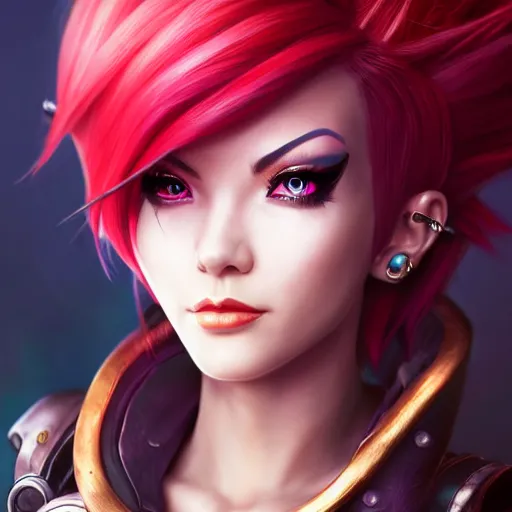 Prompt: ultra detailed portrait of Vi from League of Legends, by Fortiche Studio, from Netflix's Arcane, trending on artstation,fine details, realistic shaded, fine-face, Steampunk city on the background, red hair, painted texture, pretty face,by Artgerm