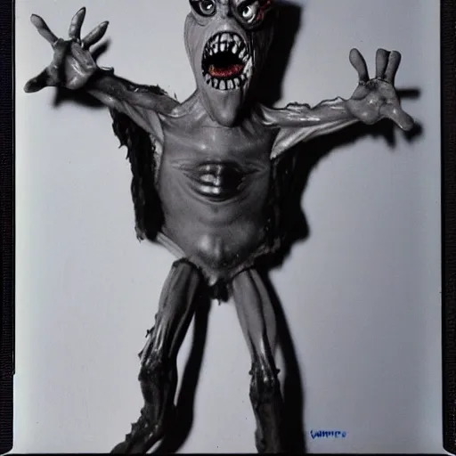 Prompt: gary busey creature, 9 0 s toy commercial, photo from the 7 0 s, horror lighting, neon lighting, polaroid photo,