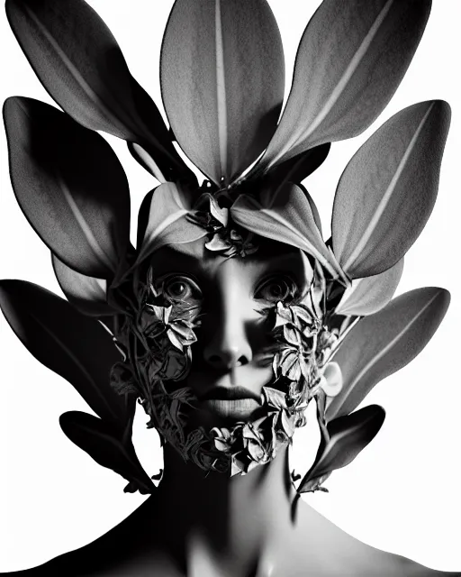 Image similar to a contrasted black and white 3D render of a beautiful female vegetal-dragon-cyborg, 150 mm, orchid stems, ivy, Mandelbrot fractal, anatomical, flesh, facial muscles, microchip, veins, arteries, full frame, microscopic, elegant, highly detailed, flesh ornate, elegant, high fashion, rim light, octane render, 8K in the style of Man Ray